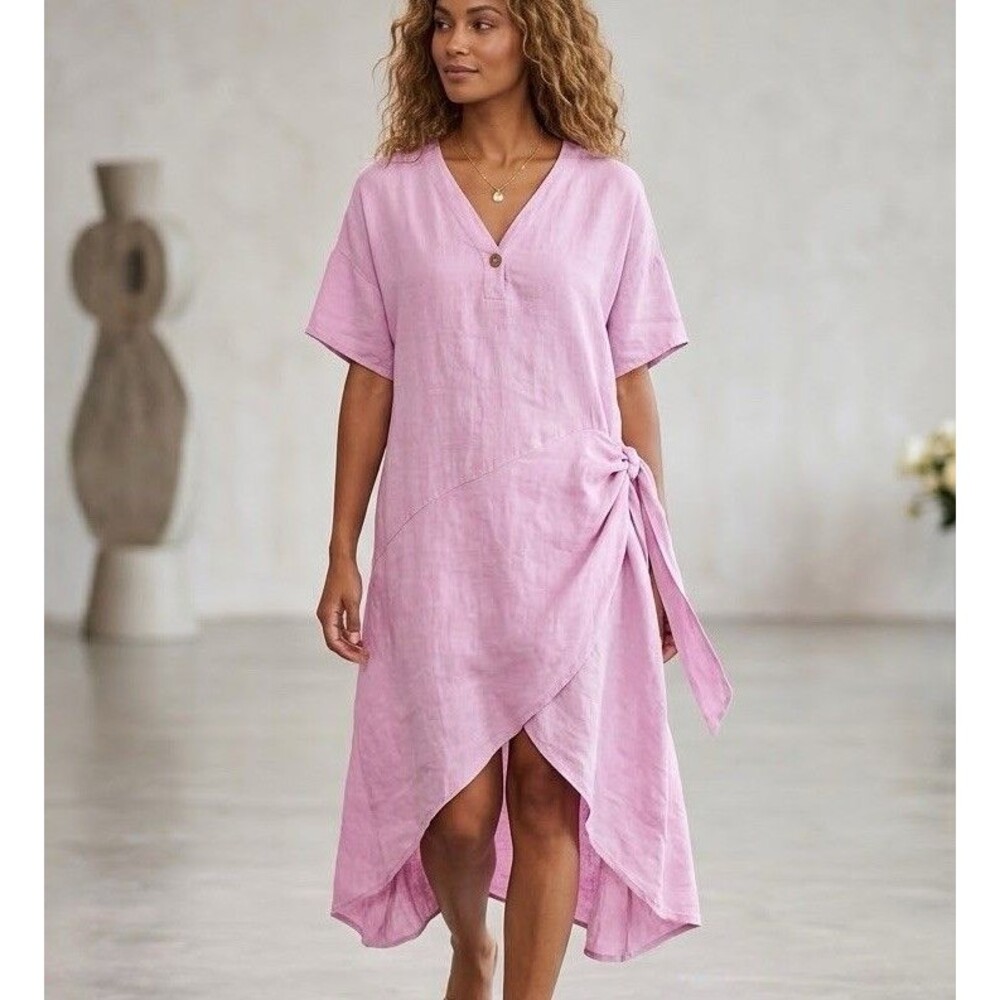 Made In Italy 100% Pure Linen Asymmetric Wrap Side Tie Midi Dress Pink Lagenlook